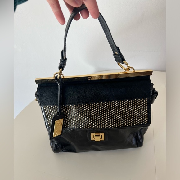 Badgley Mischka Black Patent Leather Calf Hair Gold Hardware Hand Bag - Picture 3 of 13